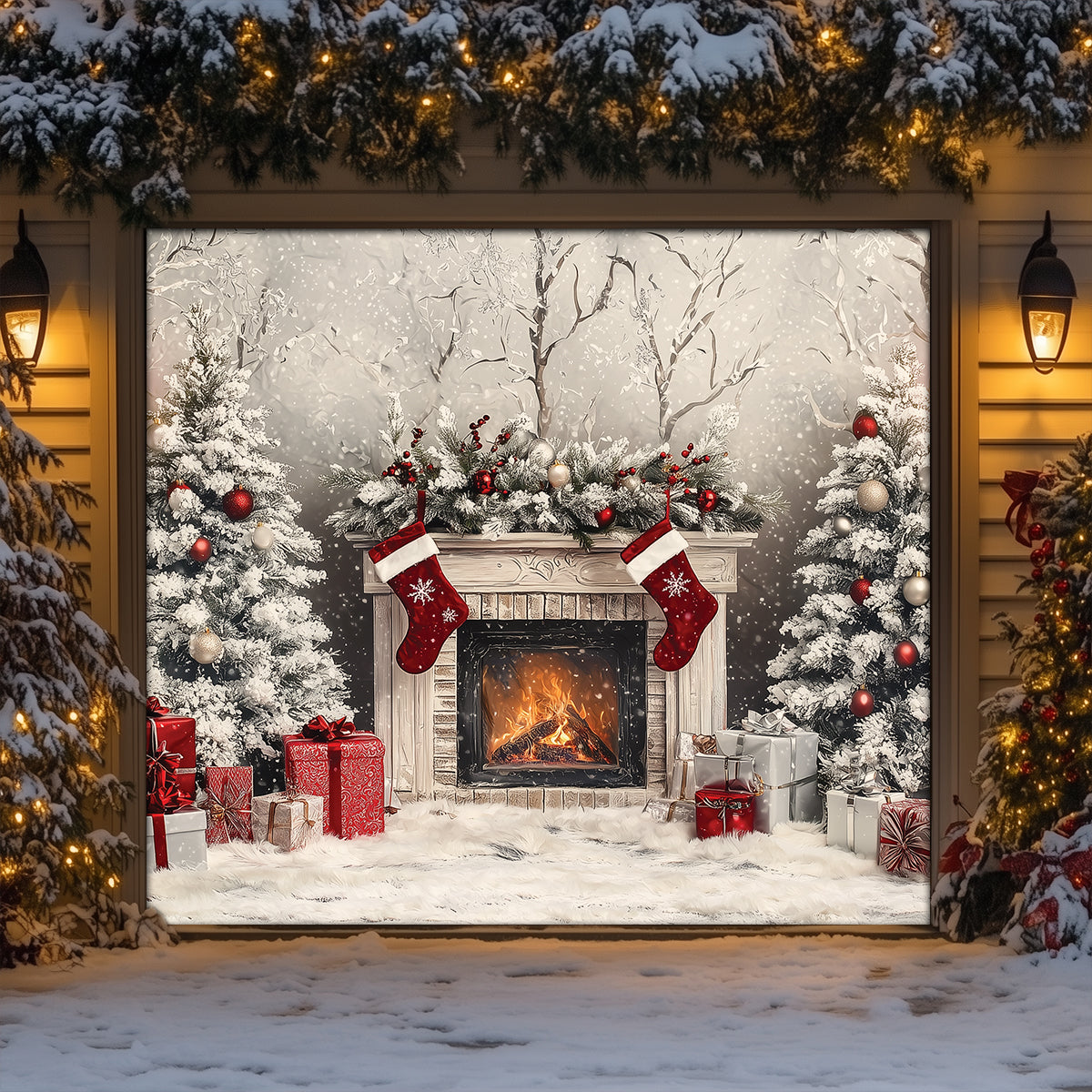 Shineful Garage Door Banner Decoration Cozy Christmas Fireplace