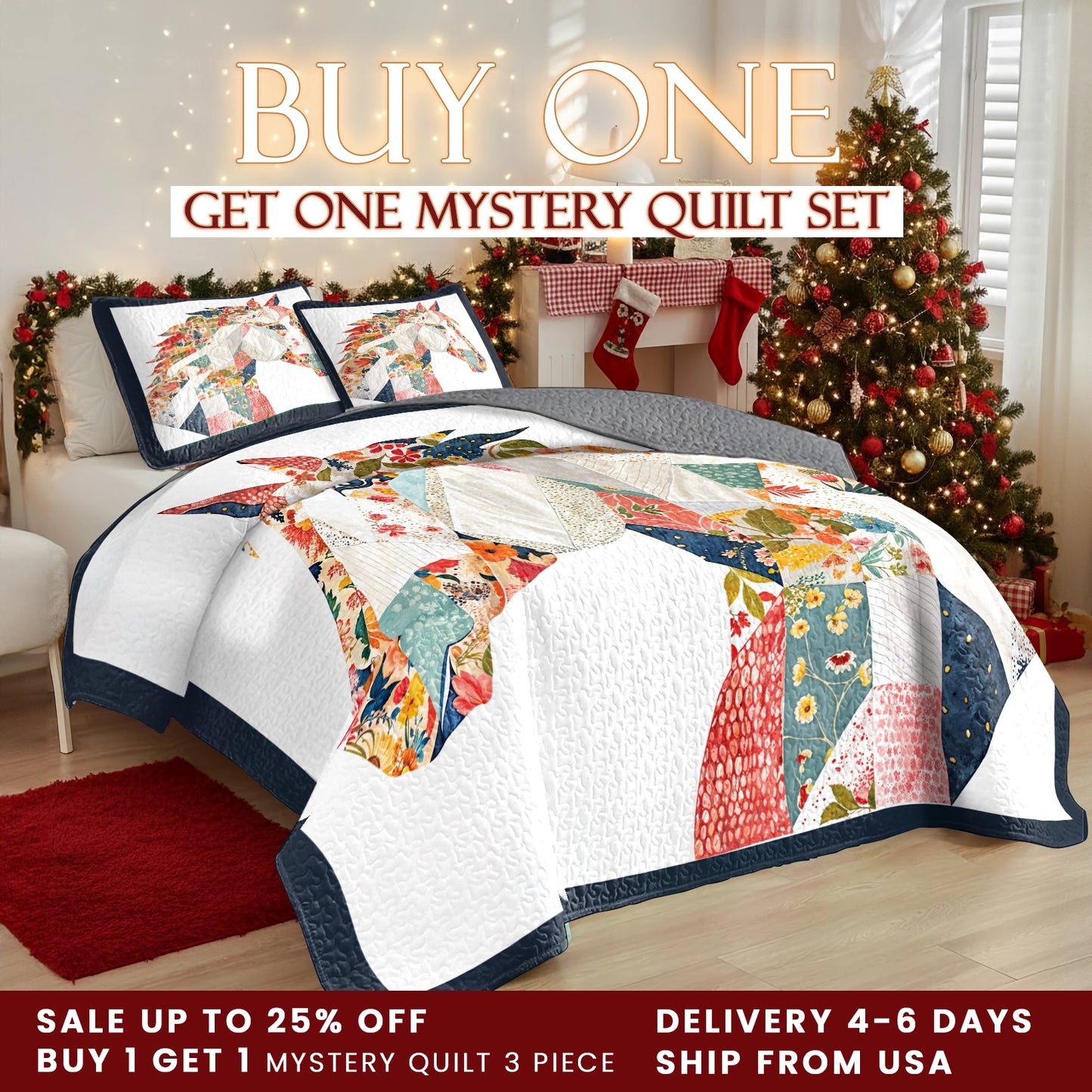 Shineful Quilt 3-Piece Set Charming Floral Horse