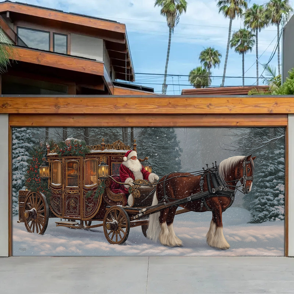 Shineful Garage Door Banner Decoration Santa’s Victorian Carriage Ride