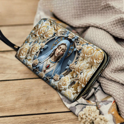 Shineful Leather Clutch Purse With Wristlet Strap Handle Blessed Virgin Mary