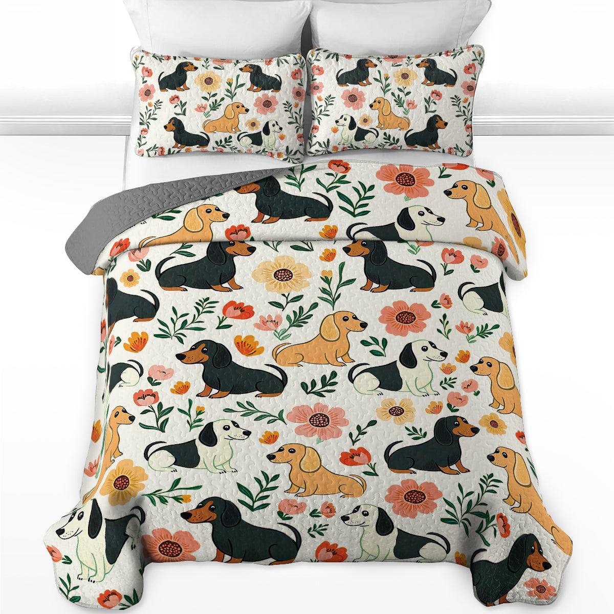 Shineful All Season Quilt 3-Piece Set - Playful Dachshunds In Beautiful Nature