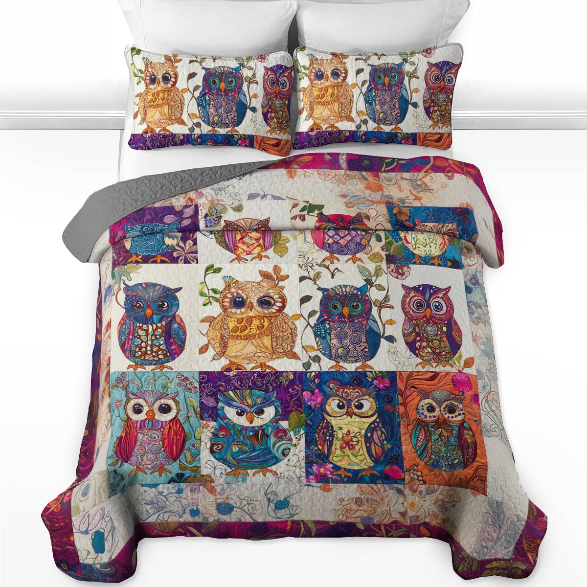 Shineful All Season Quilt 3-Piece Set Gorgeous Colorful Baby Owls
