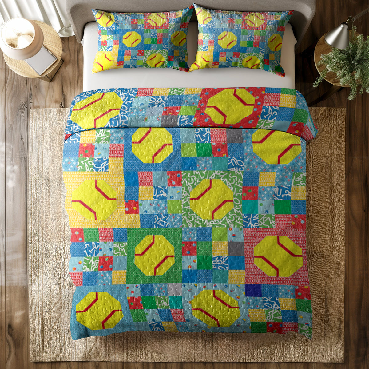 Shineful All Season Quilt 3-Piece Set Bright Softbal Patchwork
