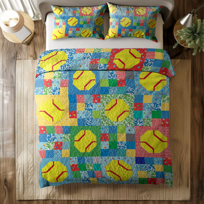 Shineful All Season Quilt 3-Piece Set Bright Softbal Patchwork