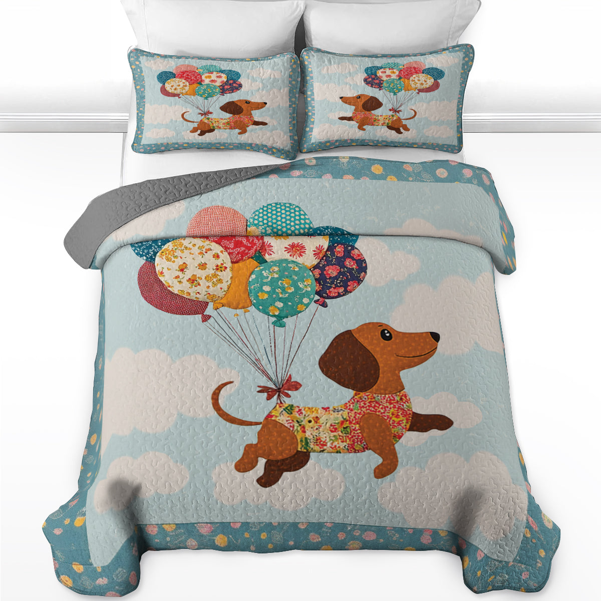 Shineful All Season Quilt 3-Piece Set Dachshund Balloon Ride