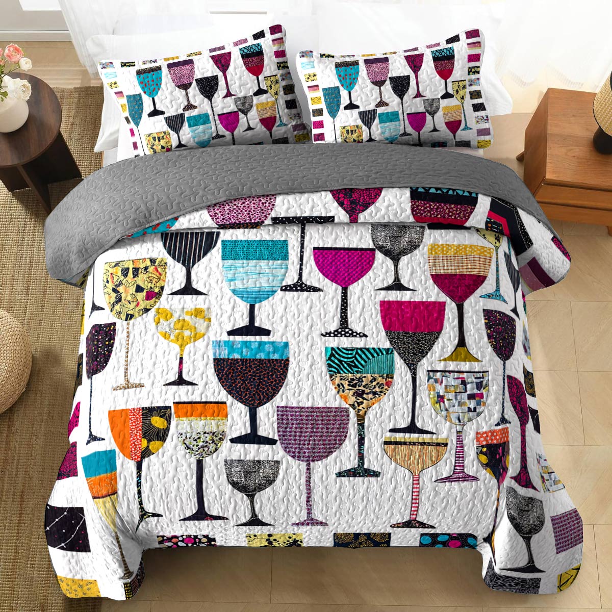 Shineful All Season Quilt 3-Piece Set Colorful Wine Glasses