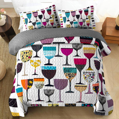 Shineful All Season Quilt 3-Piece Set Colorful Wine Glasses