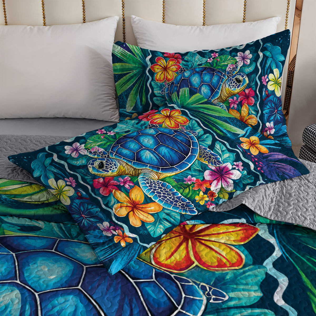 Shineful All Season Quilt 3-Piece Set - Sea Turtle Tropical Flowers