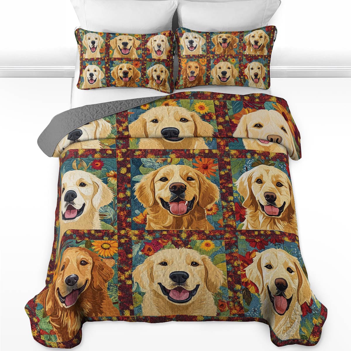Shineful All Season Quilt 3-Piece Set Cute Golden Retriever