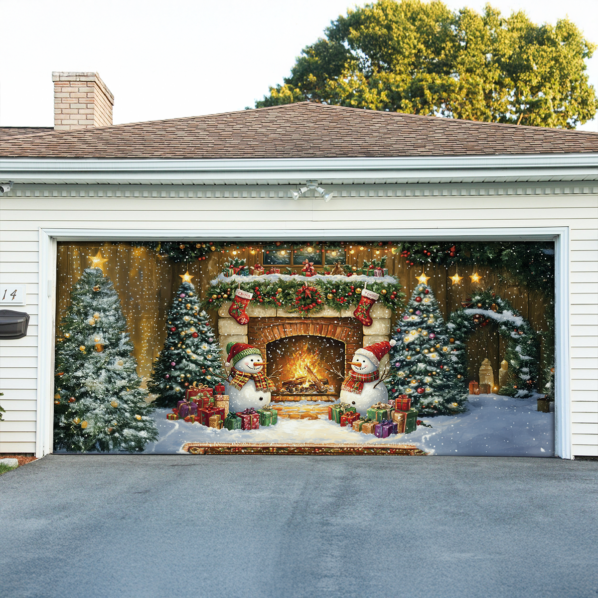 Shineful Garage Door Banner Decoration - Cozy Snowman by the Hearth