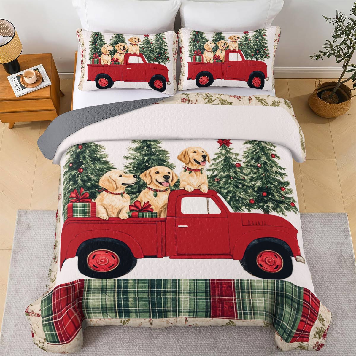 Shineful All Season Quilt 3-Piece Set Golden Retriever Christmas