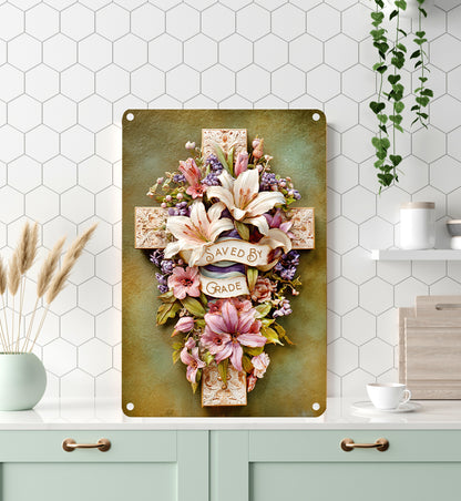 Shineful 2D Metal Sign Vintage Grace Cross Floral