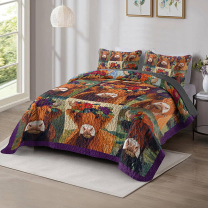 Shineful All Season Quilt 3-Piece Set - Floral Crowned Highland Cow