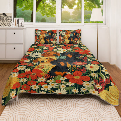 Shineful All Season Quilt 3-Piece Set Happy Floral Dachshund