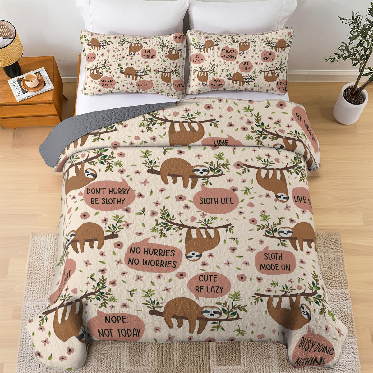 Shineful All Season Quilt 3-Piece Set Sloth Life Cream Day