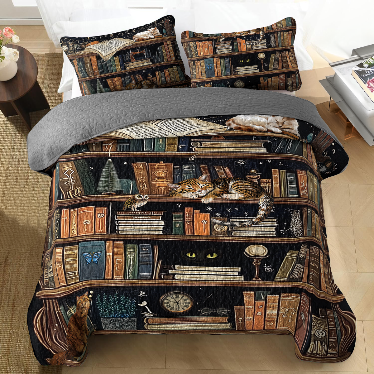 Shineful All Season Quilt 3-Piece Set Purrfect Book Lover Bookshelf