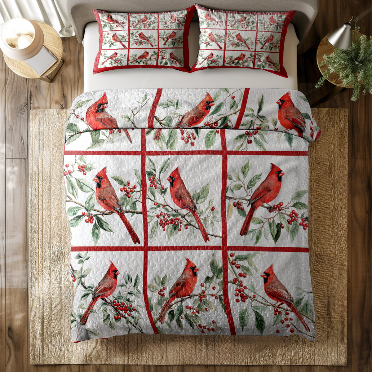 Shineful All Season Quilt 3-Piece Set Vibrant Cardinal Blocks