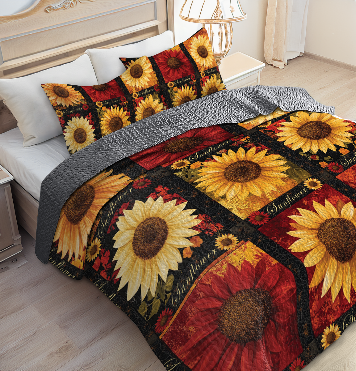 Shineful All Season Quilt 3-Piece Set - Golden Scarlet Sunflower Bloom