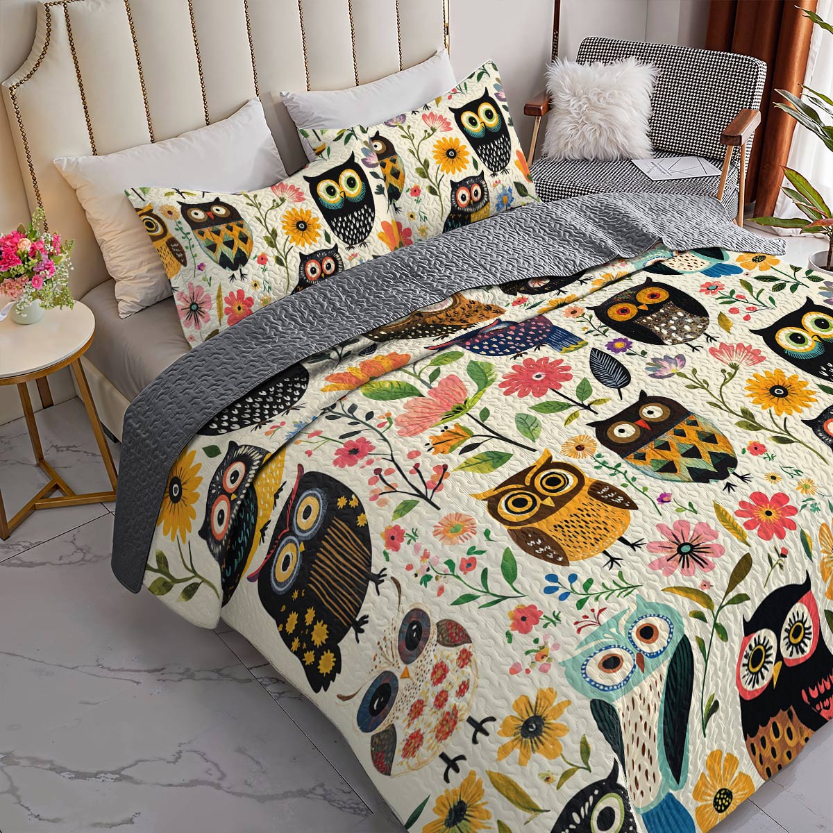 Shineful All Season Quilt 3-Piece Set Gentle Flowers Owl