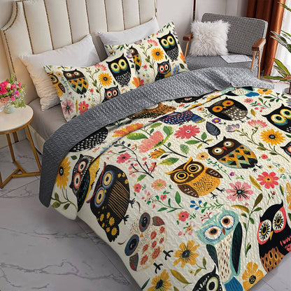 Shineful All Season Quilt 3-Piece Set Gentle Flowers Owl