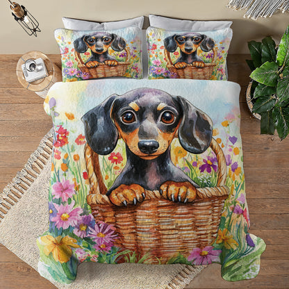 Shineful All Season Quilt 3-Piece Set Dachshund Floral Basket