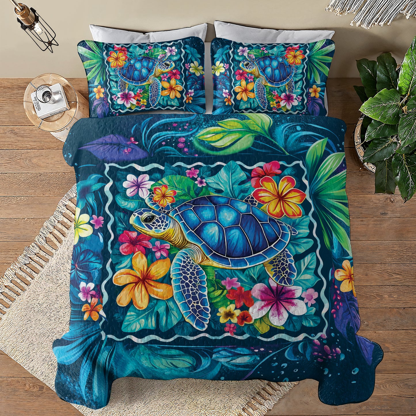 Shineful All Season Quilt 3-Piece Set - Sea Turtle Tropical Flowers