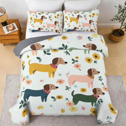 Shineful All Season Quilt 3-Piece Set - Playful Dachshund Meadow