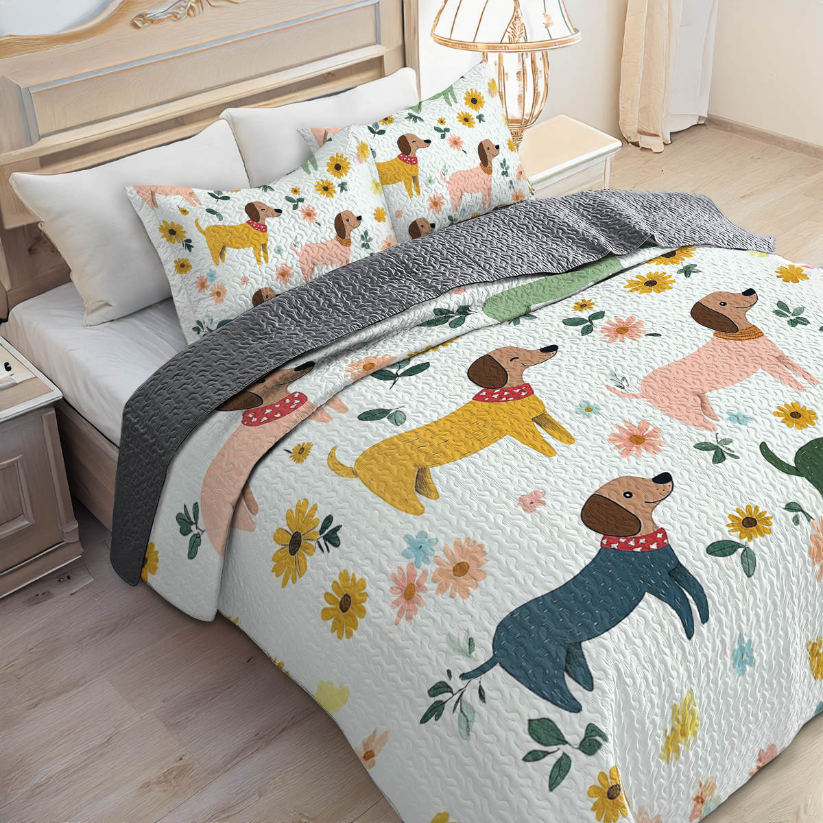Shineful All Season Quilt 3-Piece Set - Playful Dachshund Meadow