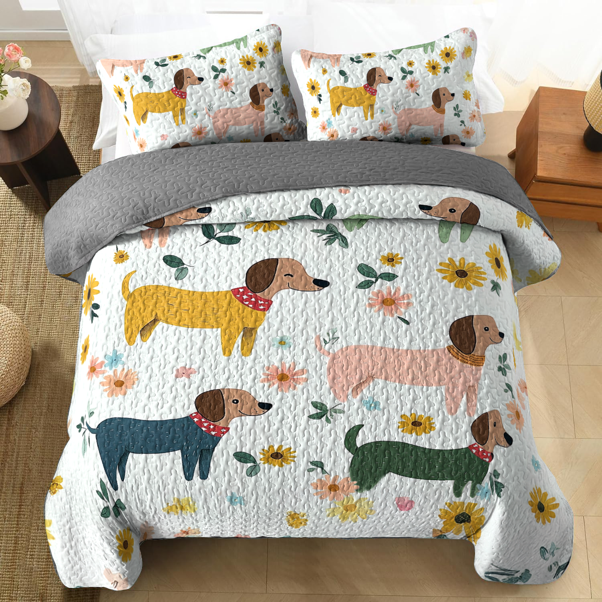 Shineful All Season Quilt 3-Piece Set - Playful Dachshund Meadow