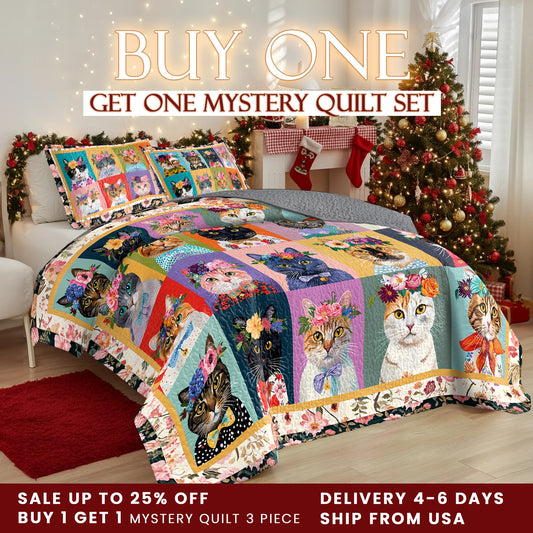 Shineful All Season Quilt 3-Piece Set Floral Cat Fantasy