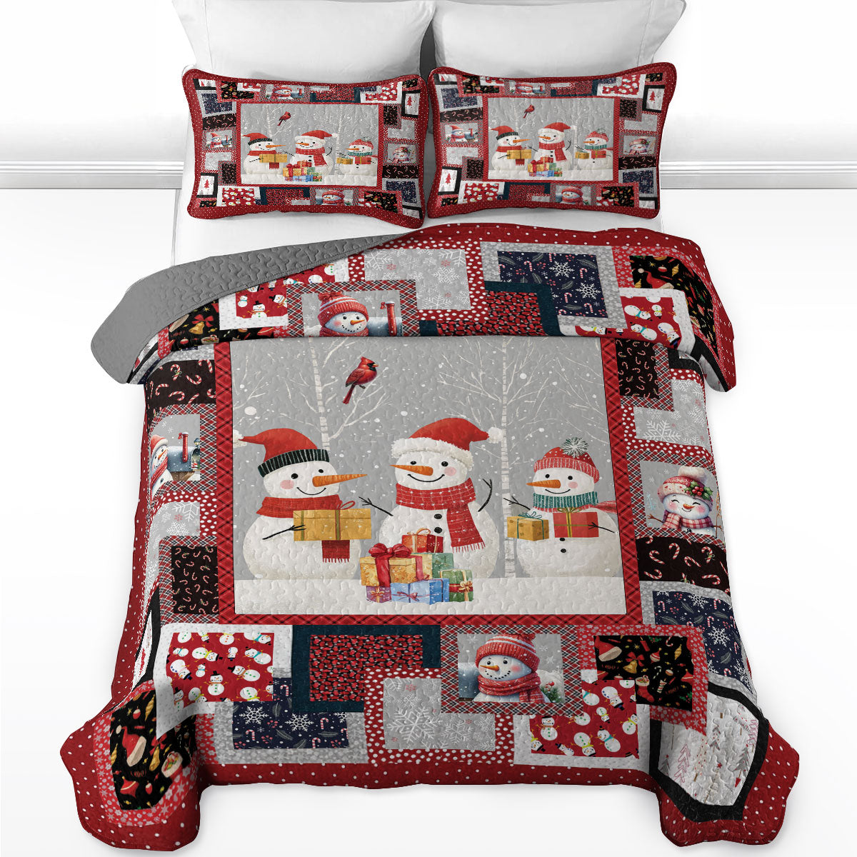 Shineful All Season Quilt 3-Piece Set Snowmen Happy
