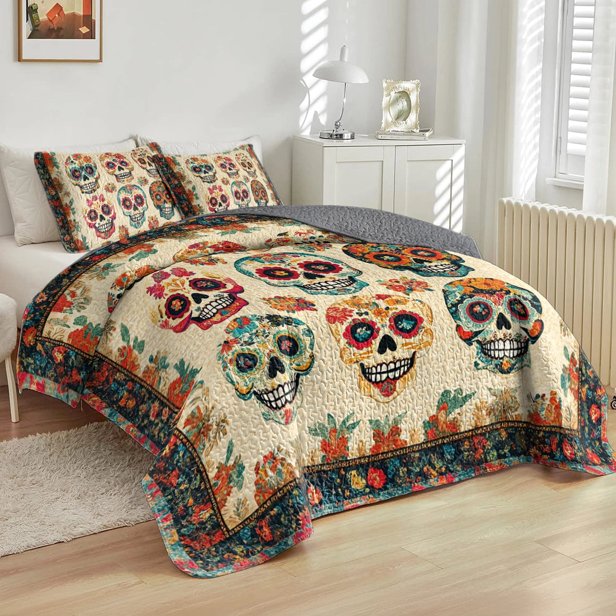 Shineful All Season Quilt 3-Piece Set Vintage Skull Bouquet