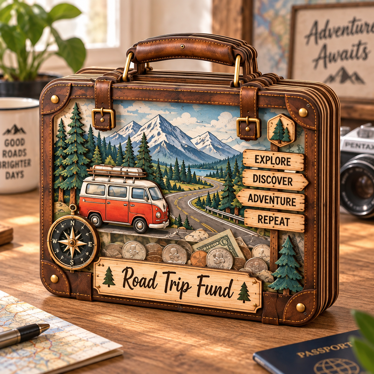 Road Trip Fund Wooden Coin Bank