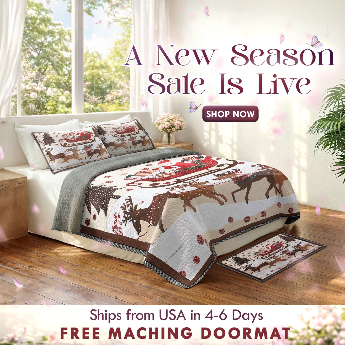 Shineful Quilt 3-Piece Set Cozy Santa Claus With Reindeer Pulling His Sleigh Full Of Gifts