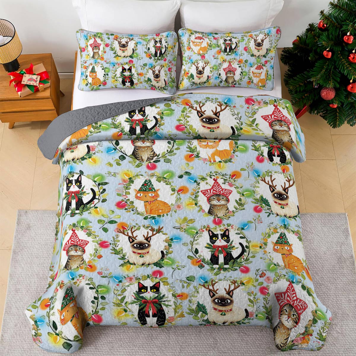 Shineful All Season Quilt 3-Piece Set Cat Christmas Collection
