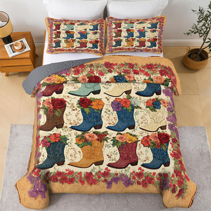 Shineful All Season Quilt 3-Piece Set Cowboy Boots And Flowers Pattern