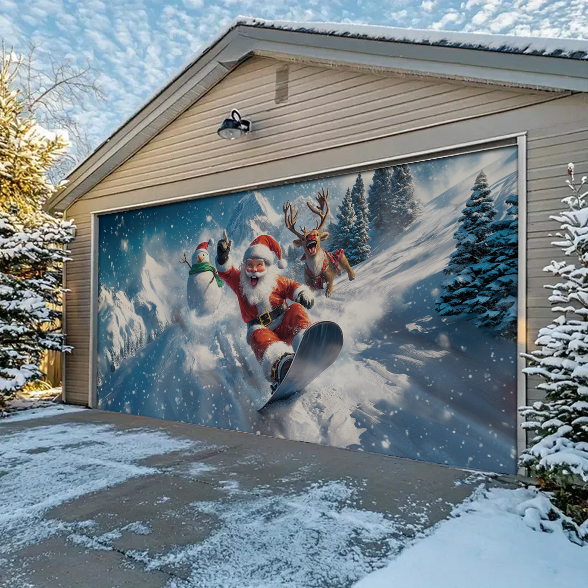 Shineful Garage Door Banner Decoration - Santa Snowboarding