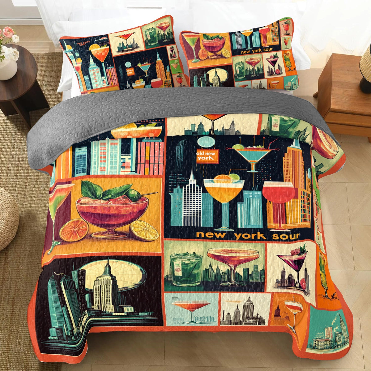 Shineful All Season Quilt 3-Piece Set Wine New York Cocktail Vibes