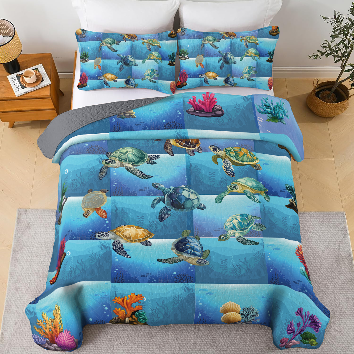 Shineful All Season Quilt 3-Piece Set - Ocean Harmony Sea Turtle Pattern