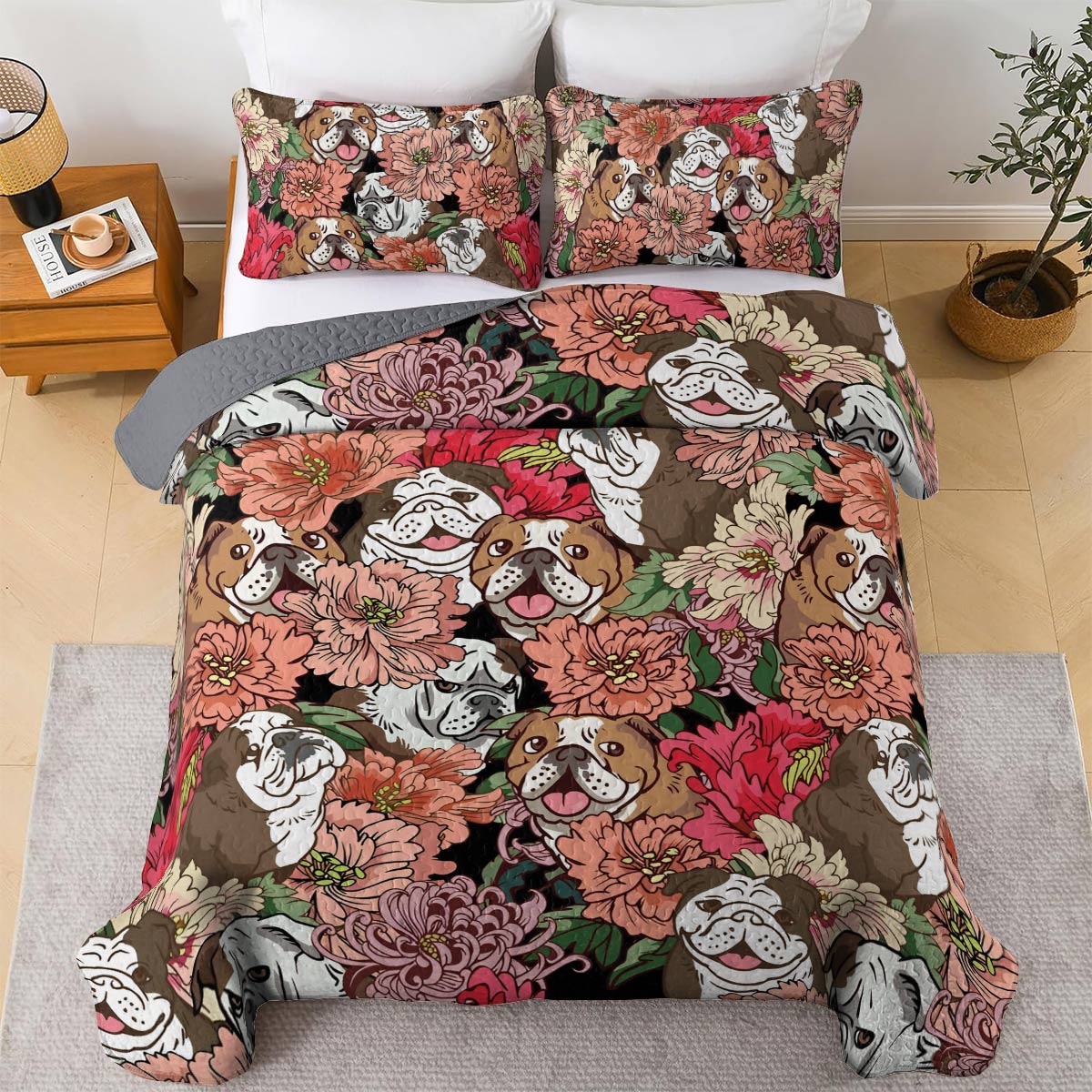 Shineful All Season Quilt 3-Piece Set Floral Bulldogs