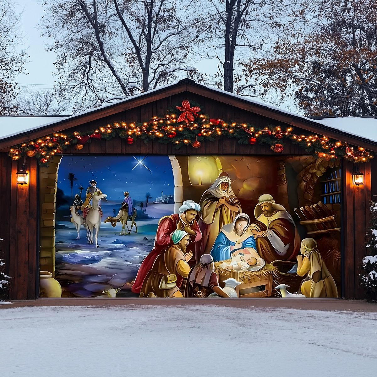 Shineful Garage Door Banner Decoration Bethlehem’s Sacred Arrival