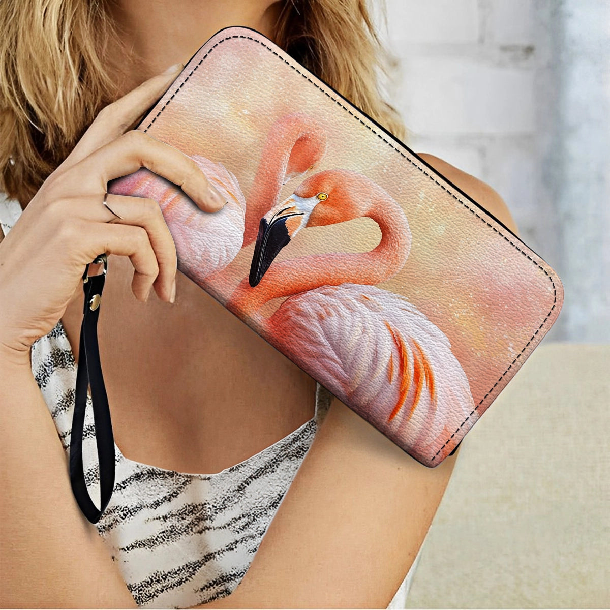 Shineful Leather Clutch Purse With Wristlet Strap Handle Flawlessly Fabulous Flamingo Bliss