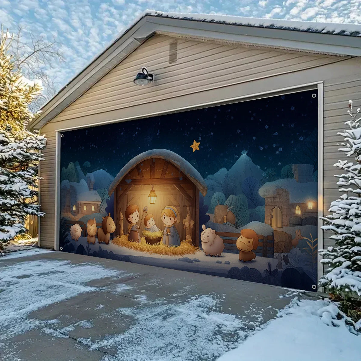 Shineful Garage Door Banner Decoration Holy Family Cartoon Nativity
