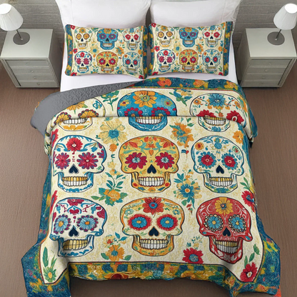 Shineful All Season Quilt 3-Piece Set Floral Skull Dreams Halloween