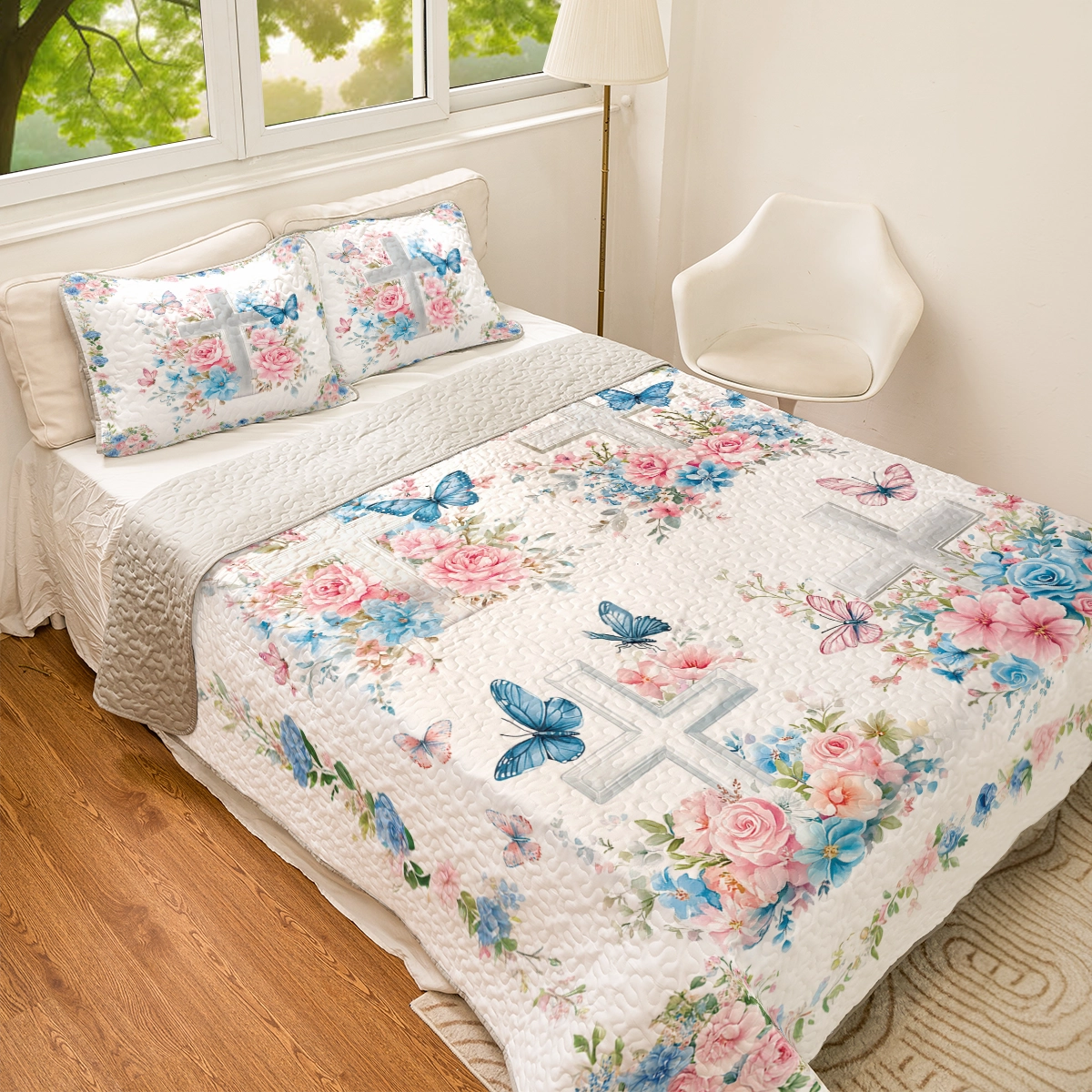 Shineful All Season Quilt 3-Piece Set - God Faith Flower Butterfly