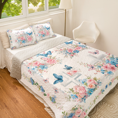 Shineful All Season Quilt 3-Piece Set - God Faith Flower Butterfly