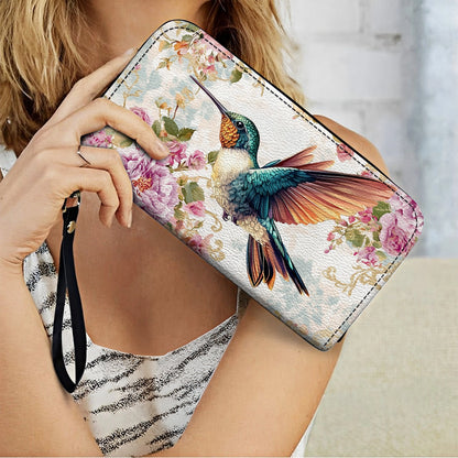 Shineful Leather Clutch Purse With Wristlet Strap Handle Ethereal Flight Hummingbird