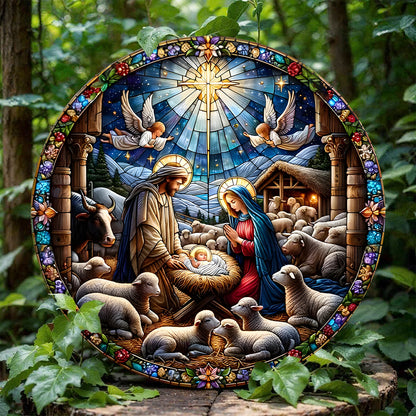 Shineful 2D Wooden Plaque, Hanging Decor, Door Sign - Starlit Nativity Glass