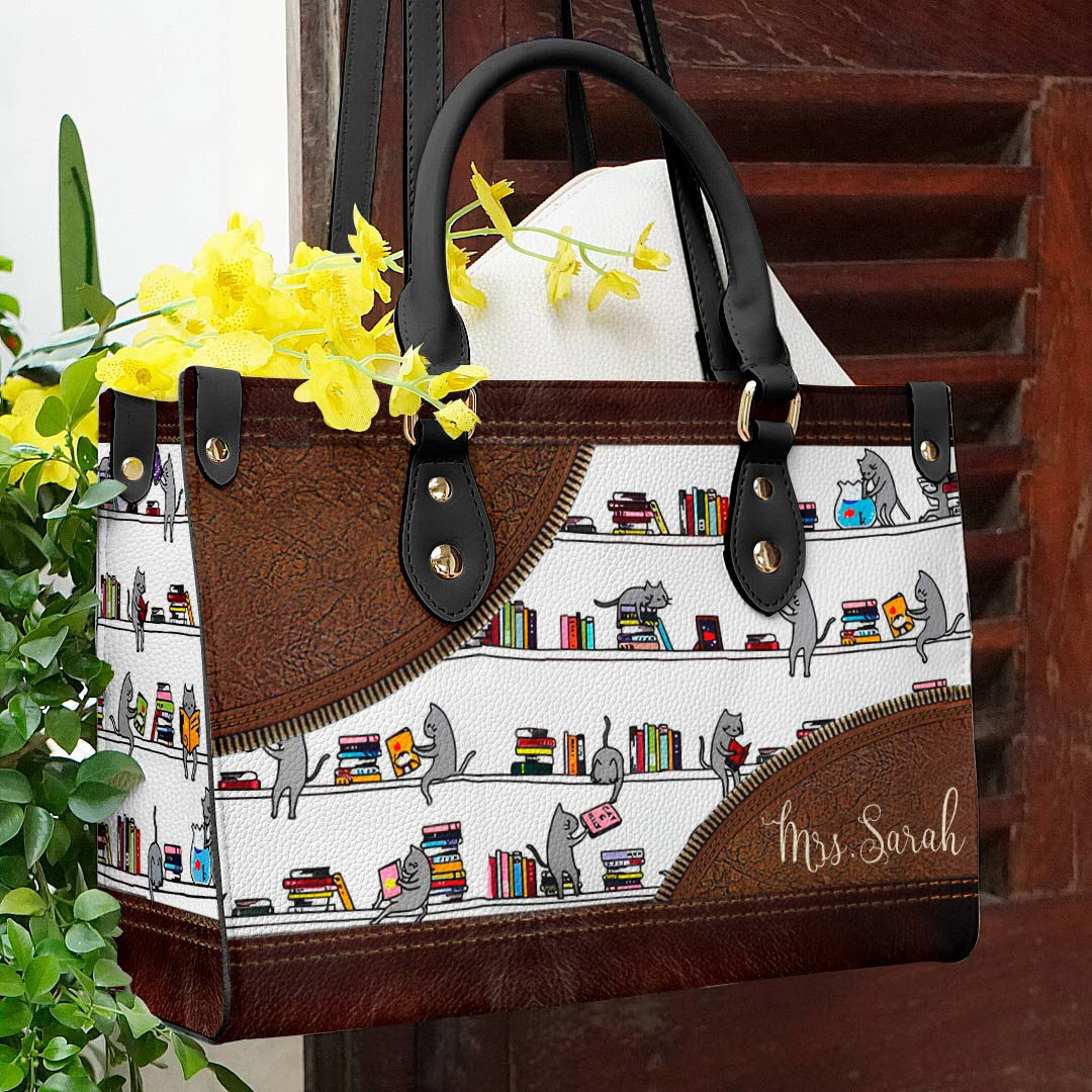 Cat Personalized Leather Bag Shineful With Books Ver2 Lk8 Black