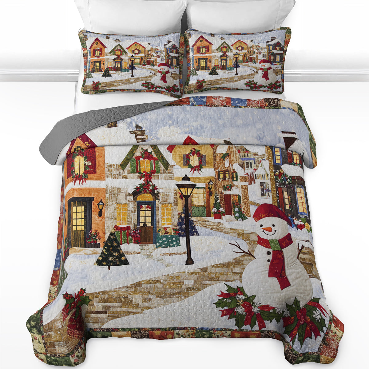 Shineful All Season Quilt 3-Piece Set Festive Snowman Village